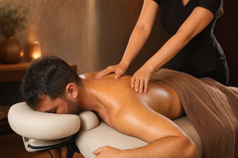 Massagem terapêutica nas costas em maca profissional