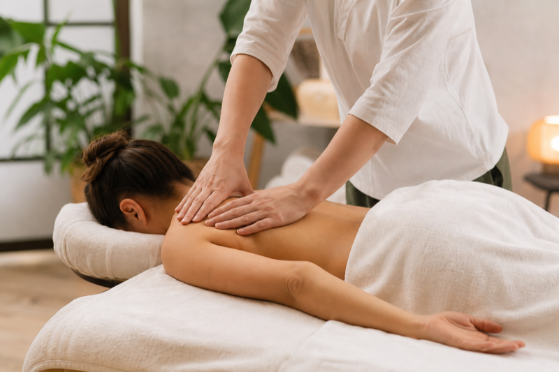 Profissional aplicando massagem shiatsu nas costas do cliente