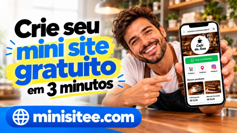 Crie seu mini site gratuito em 3 minutos no minisitee.com: página no celular com botão de WhatsApp, endereço, Instagram e produtos.