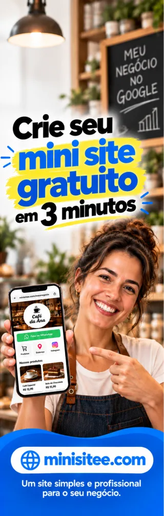 Crie seu mini site gratuito em 3 minutos no minisitee.com: um site simples e profissional para o seu negócio, com botão de WhatsApp, endereço, Instagram e produtos.